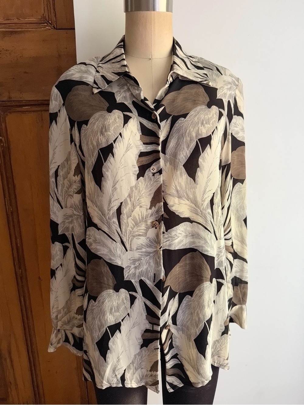 Silk Leaf Print Button Down Blouse Brown Black Long Sleeve